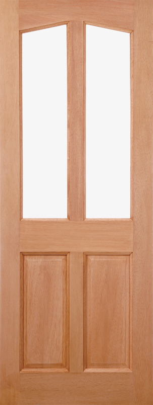 Hardwood door with two glass panels and two solid wooden panels.