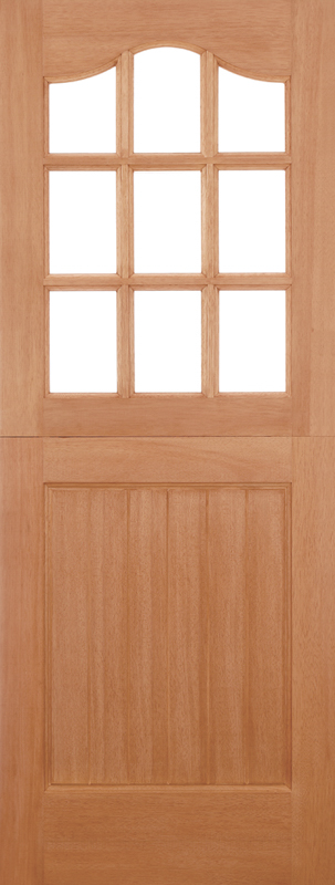 Wooden door with glass panels on a white background