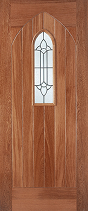 Wooden door with a stained glass window