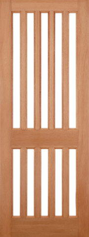 Wooden door with vertical slats on a white background