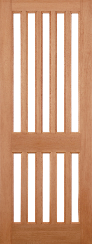 Wooden door with vertical slats on a white background