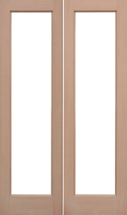 Pair of wooden doors with glass panels on a white background