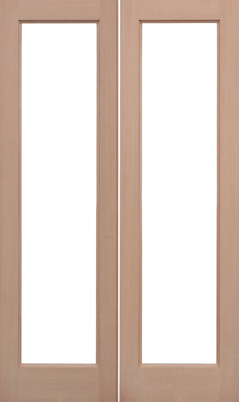 Pair of wooden doors with glass panels on a white background