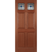 Wooden door with stained glass panels on a transparent background