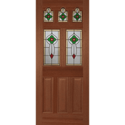 Wooden door with stained glass panels on a transparent background
