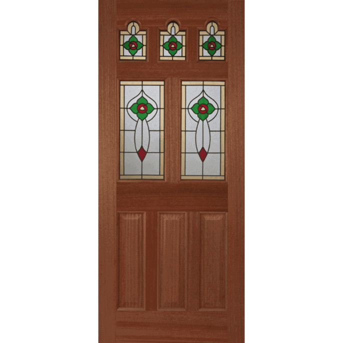 Wooden door with stained glass panels on a transparent background
