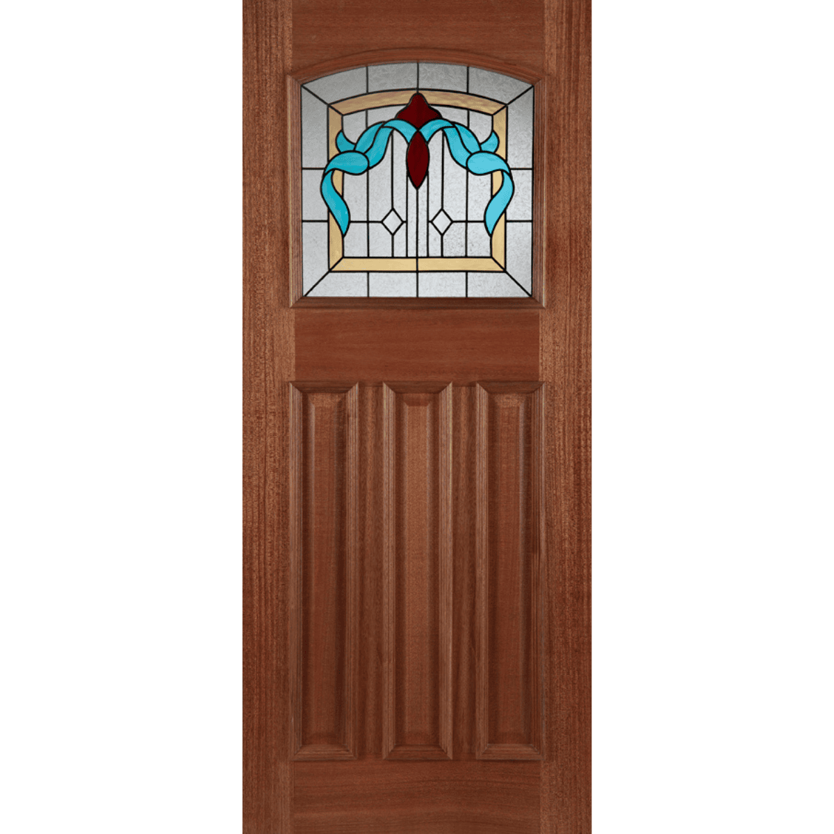 Wooden door with stained glass window on a transparent background