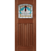 Wooden door with stained glass window on a transparent background