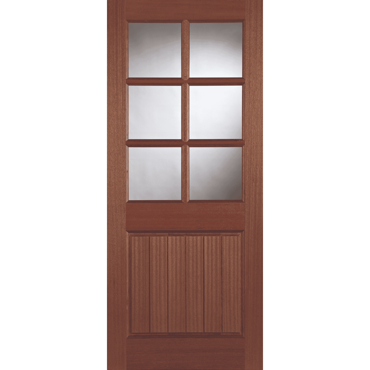 Wooden door with glass panels on a transparent background