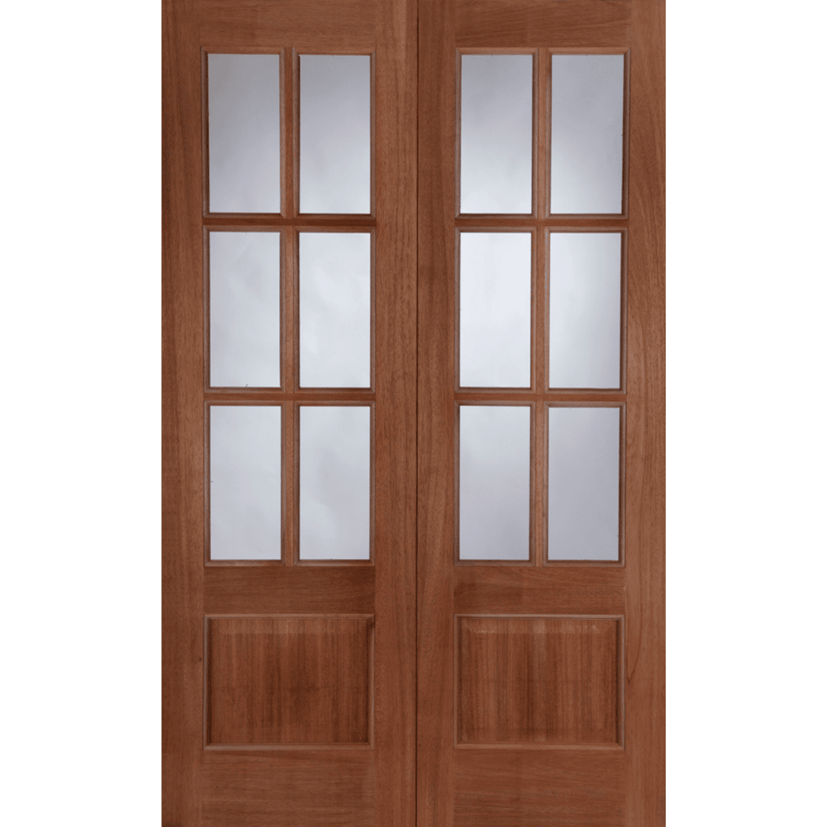 Wooden double door with glass panels on a green background