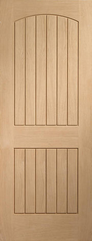 Wooden door with vertical slats and an arch at the top