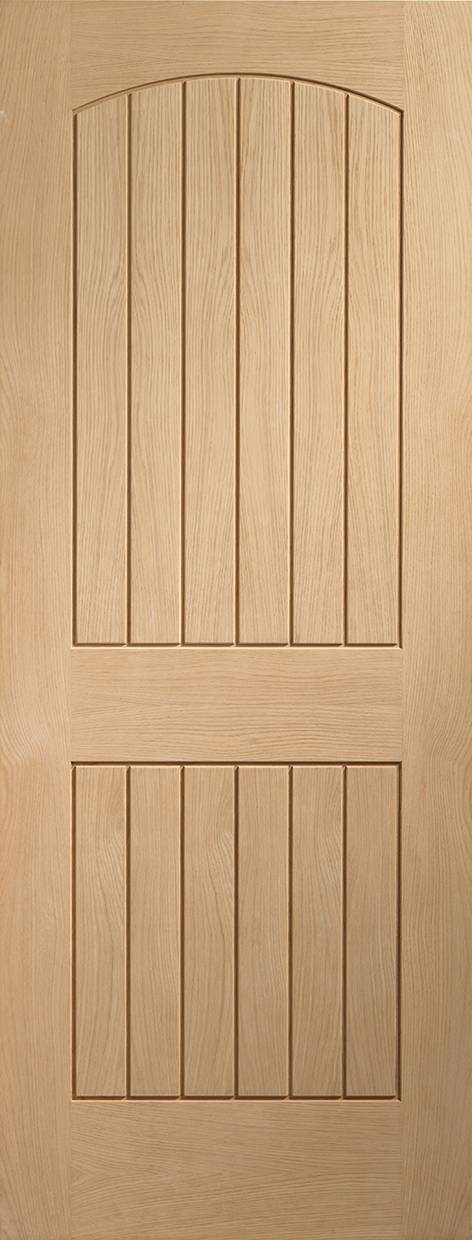 Wooden door with vertical slats and an arch at the top