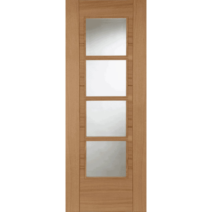 Wooden door with glass panels on a white background