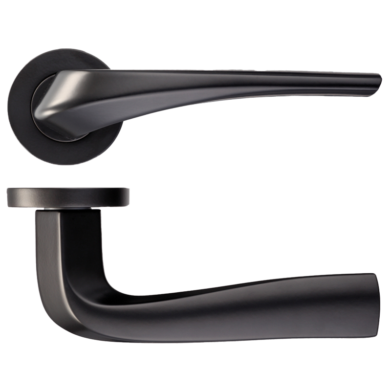 Draco matte black door handle set with circular backplates