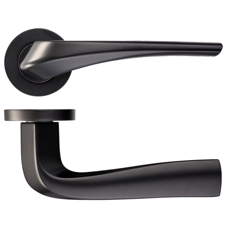 Draco matte black privacy door handle set with circular backplates