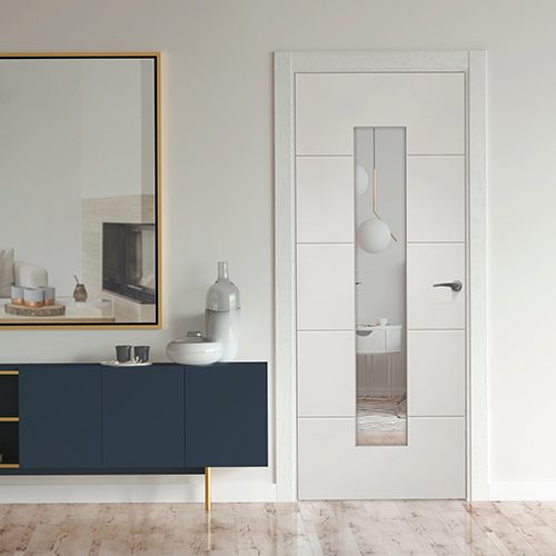 4 LINE GLAZED HORIZONTAL WHITE PRIMED CONTEMPORARY MOULDED PANELLED INTERNAL DOOR