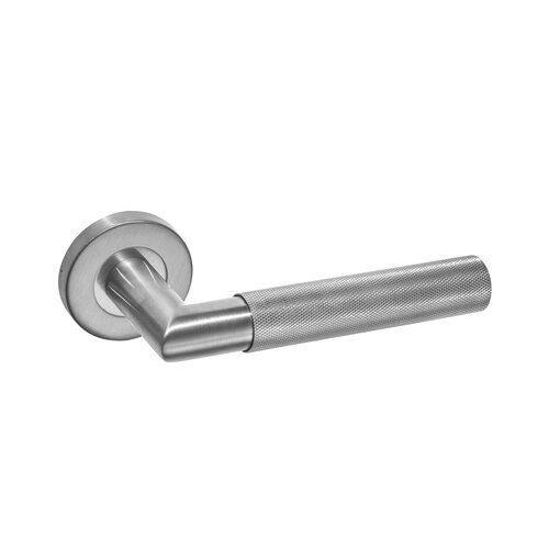 ARLINGTON SATIN STEEL KNURLED LEVER ON ROUND ROSE HANDLE PACK – PRIVACY