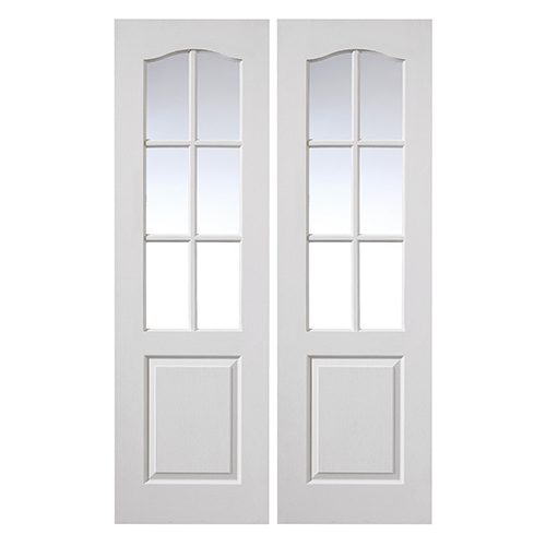 Pair of white interior doors with glass panels on a white background