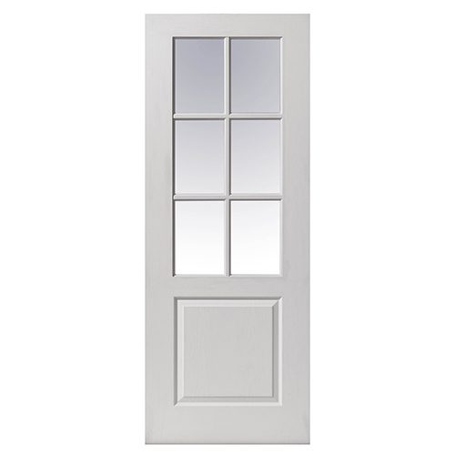 White door with glass panels on a white background