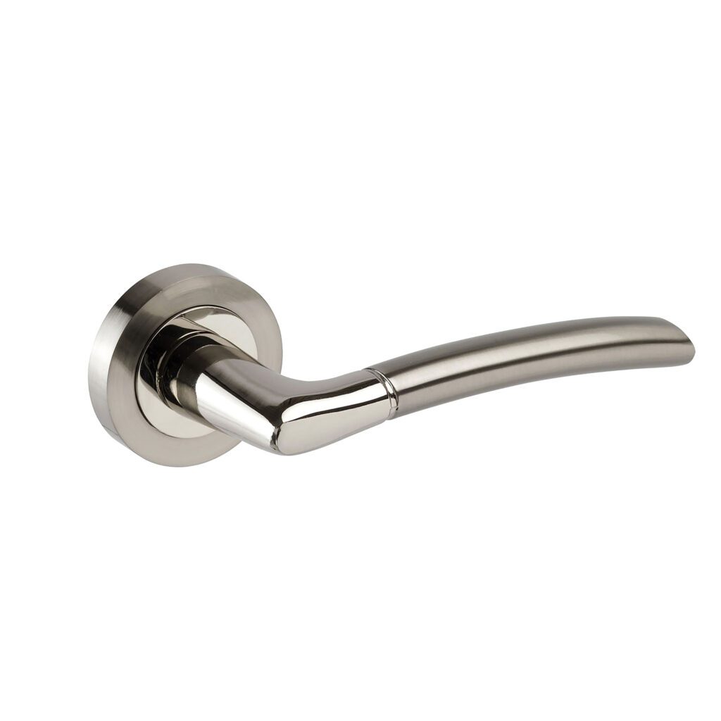 DALLAS SATIN & POLISHED CHROME CURVED LEVER ON ROUND ROSE HANDLE PACK – STANDARD