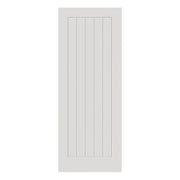 White wooden door with vertical slats on a white background