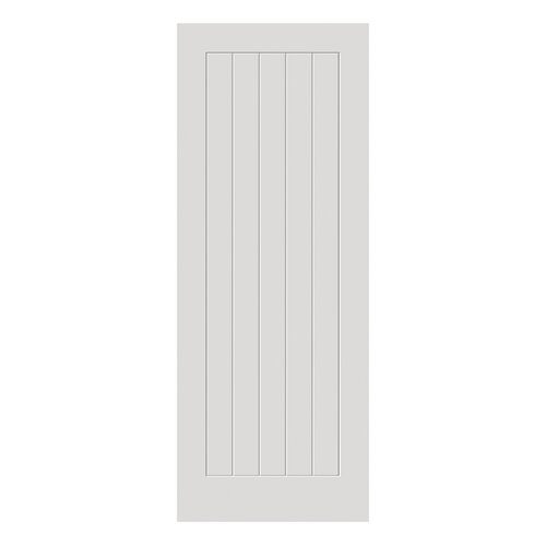 White wooden door with vertical slats on a white background