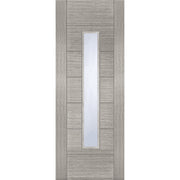 Wooden door with a glass panel on a white background