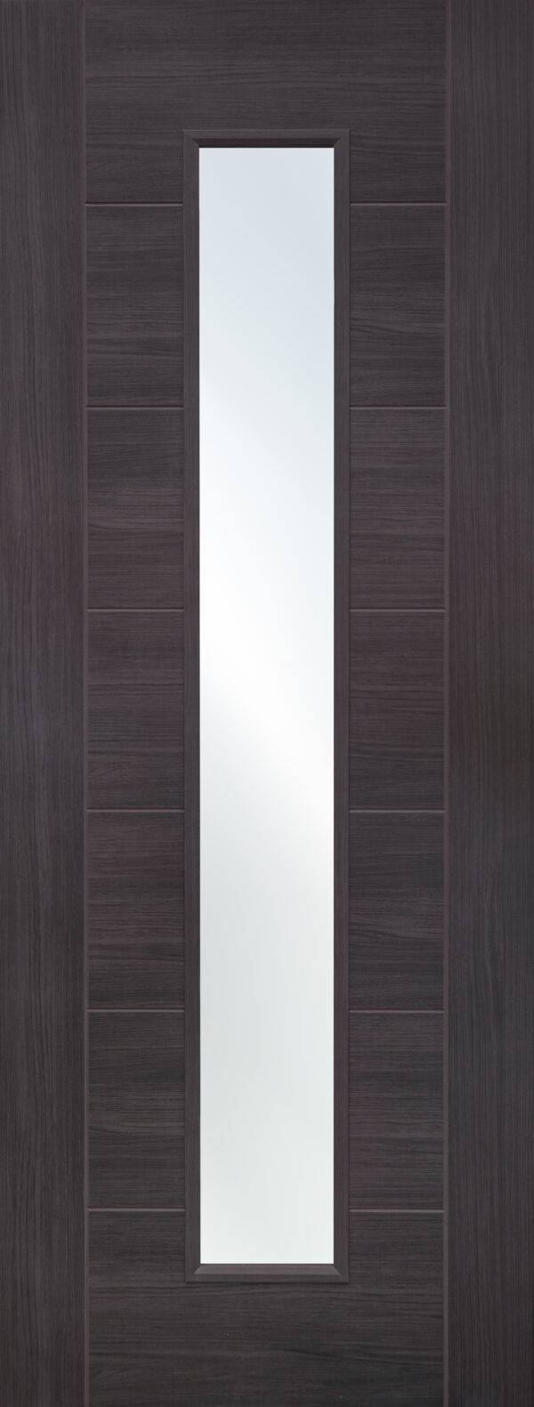 Dark wooden door with a vertical glass panel
