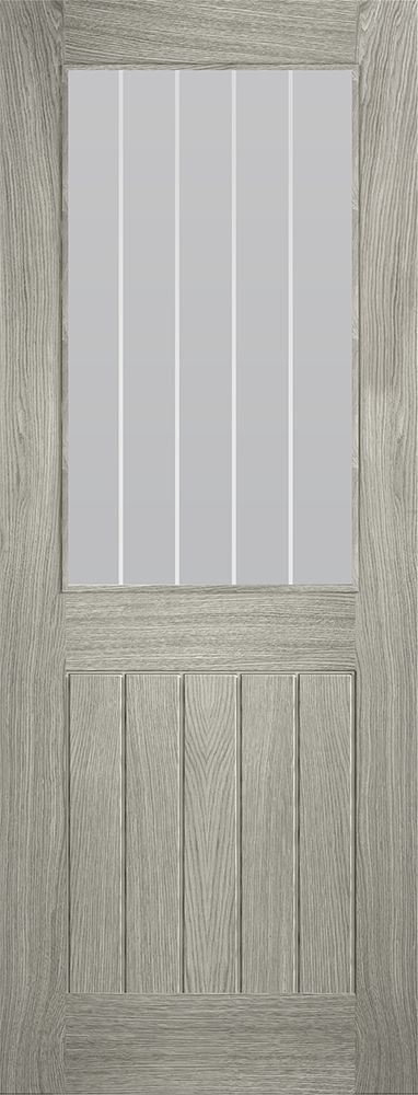 LAMINATE LIGHT GREY COTTAGE GLAZED FROSTED WITH CLEAR LINES CLEARANCE PREFINISHED INTERNAL DOOR