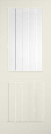 White door with vertical glass panels on a beige background