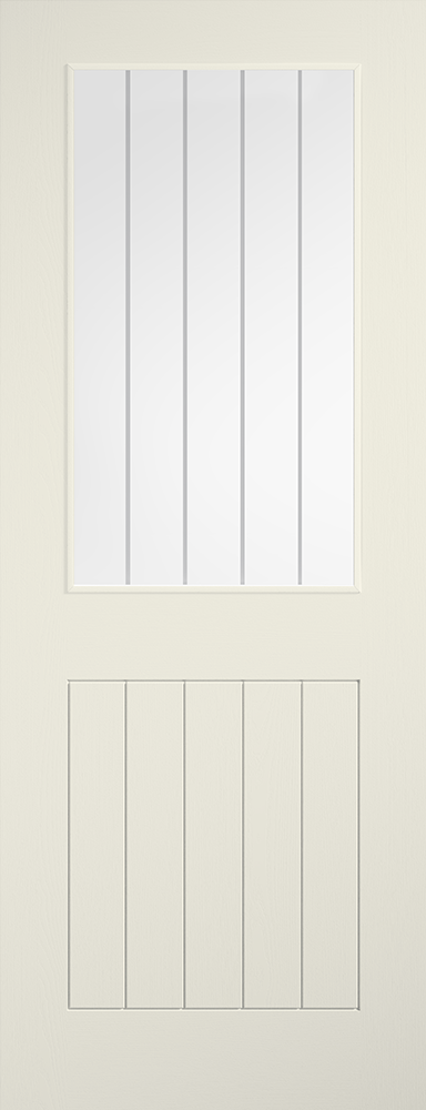 White door with vertical glass panels on a beige background