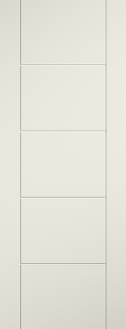 White paneled door with horizontal slats on a white background