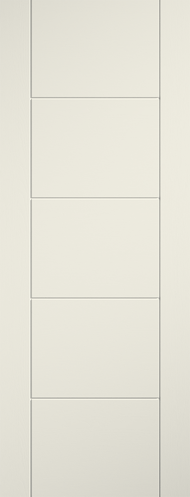 White paneled door with horizontal slats on a white background