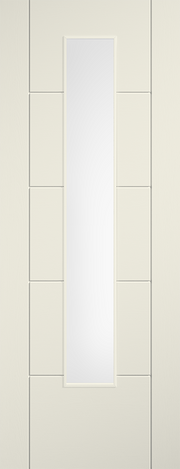 White door with a narrow glass panel on a light wood background