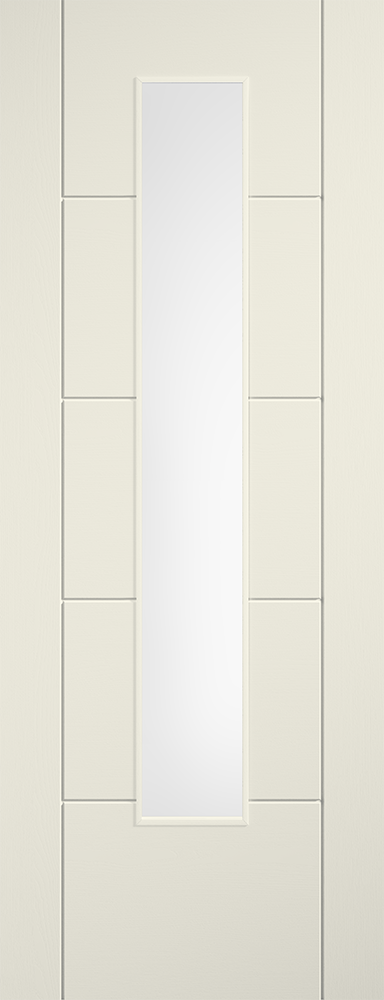 White door with a narrow glass panel on a light wood background