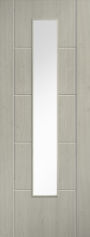 Laminate door with a glass panel on a light wood background
