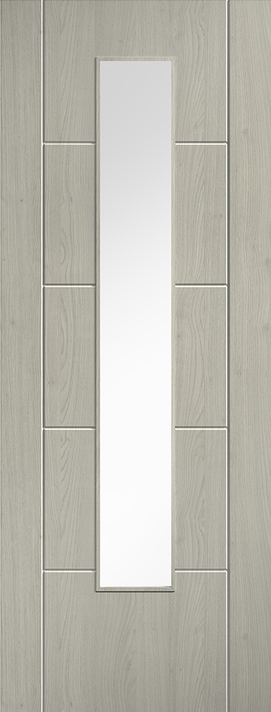 Laminate door with a glass panel on a light wood background