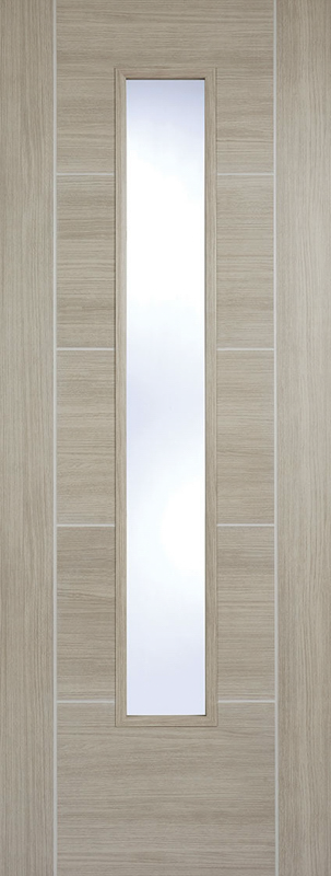 Wooden door with a vertical glass panel
