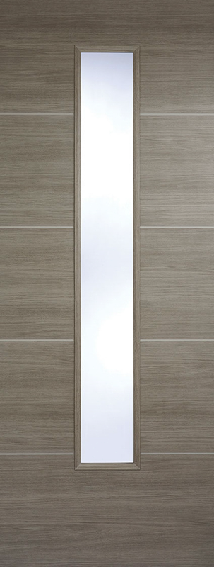 Light Grey Santandor laminated glazed internal door with vertical clear glass panel, horizontal grooves, and prefinished modern design—ideal for UK contemporary interiors and door replacements.