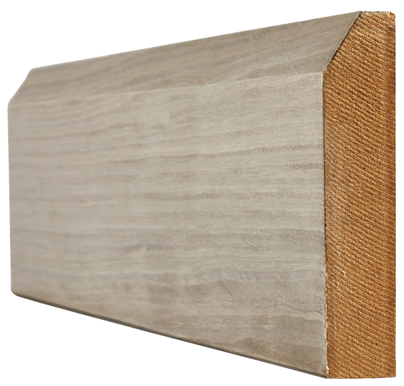 Wooden skirting with a textured surface and a contrasting brown edge on a white background