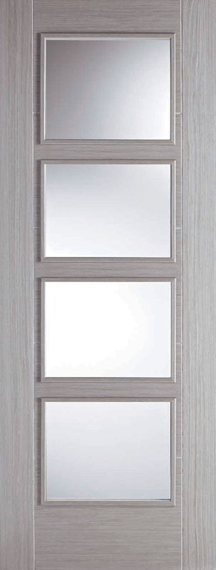 Gray door with five rectangular glass panels