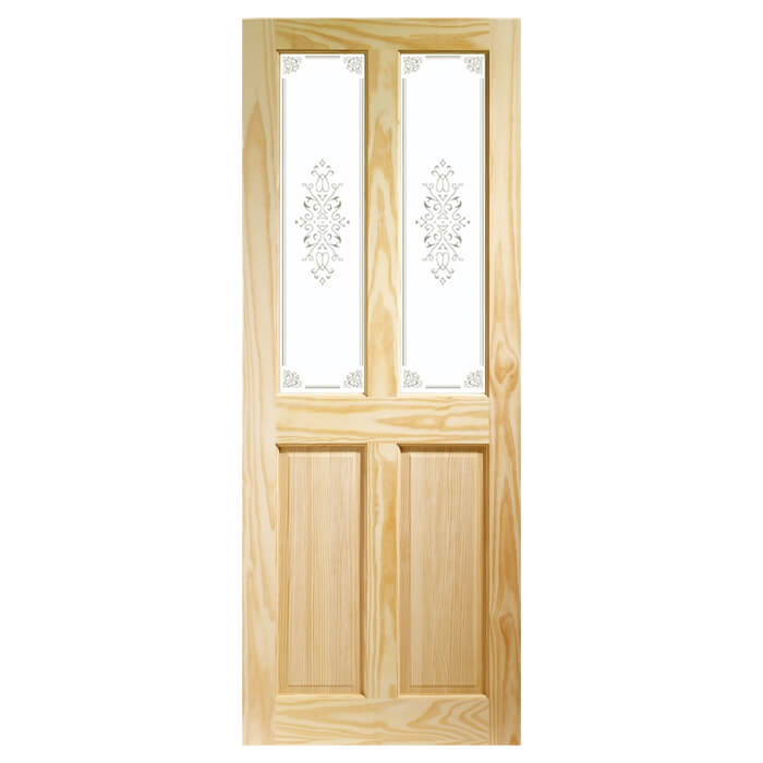 Wooden door with glass panels on a white background