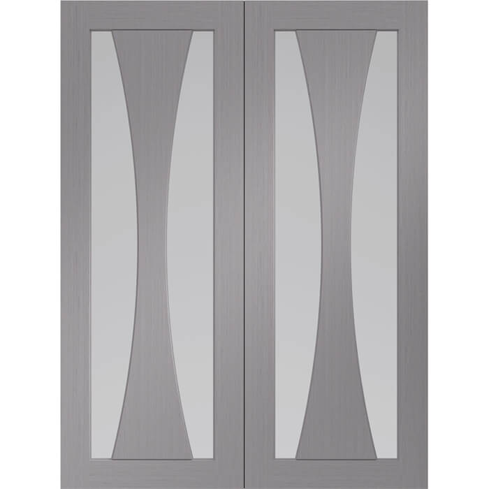 Gray cabinet doors with glass panels on a white background