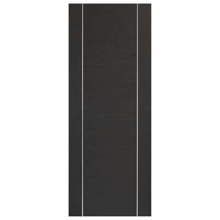 Dark grey interior door with a textured surface on a white background