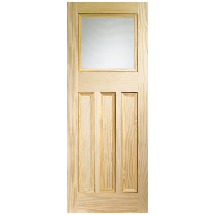 Wooden door with a single glass panel on a white background