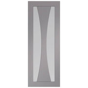 Gray cabinet door with a glass panel on a white background