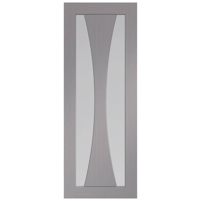 Gray cabinet door with a glass panel on a white background