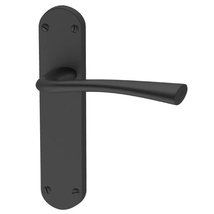 NEVA FIRE DOOR HANDLE PACK ON BACK PLATE WITH LOCK AND 75MM LATCH - MATT SATIN BLACK