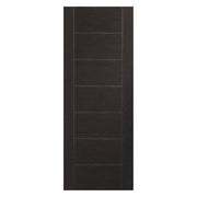 Dark wooden door with horizontal slats on a white background