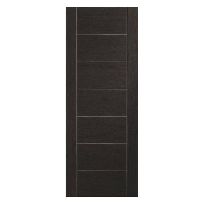Dark wooden door with horizontal slats on a white background